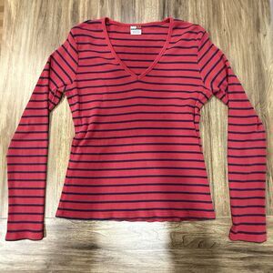 Tommy Hilfiger Womens Striped V Neck Sweater Red Navy Blue Long Sleeves Size XL